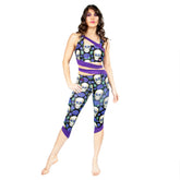 Siren Print Cropped Leggings - Skull Flowers / Purple